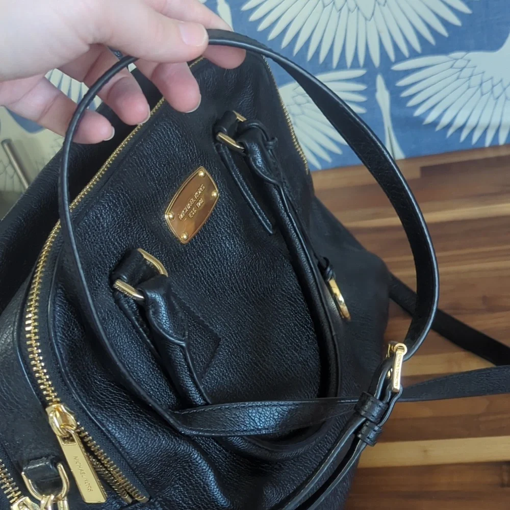 Michael Kors black and gold leather two zipper compartment satchel large…